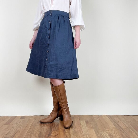 Handmade 100% Linen Midi Skirt Pleated Button Up High Rise Vintage Retro Rustic - Picture 2 of 7